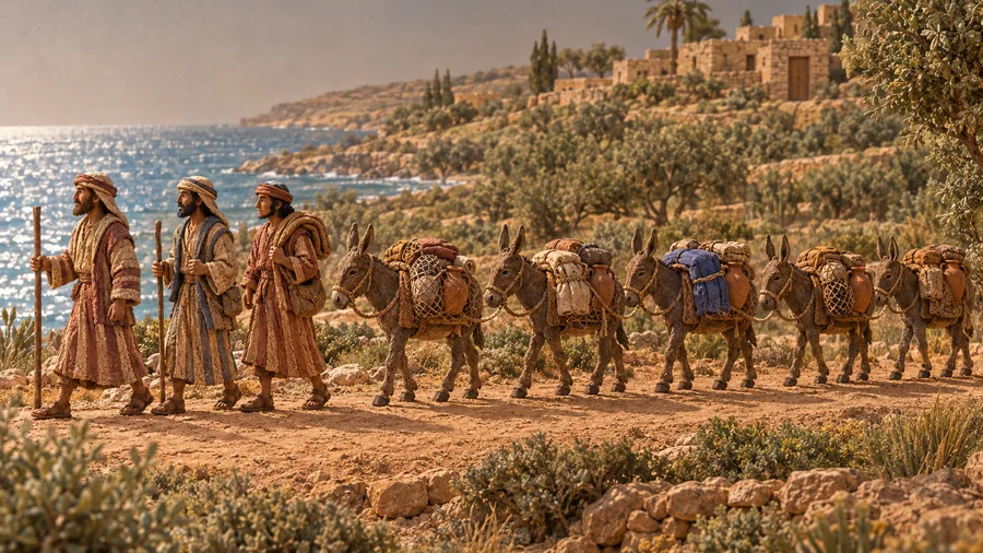 Three clay travelers lead a donkey caravan along the coast road.
