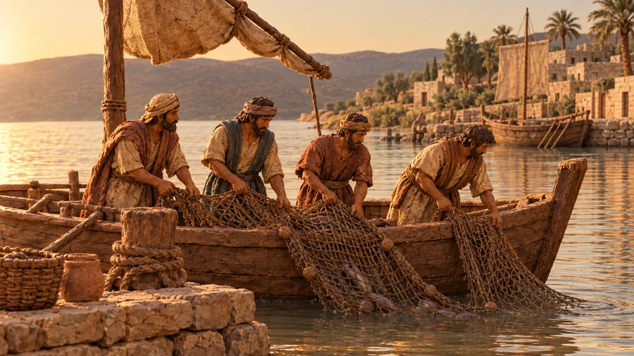 Four clay fishermen haul a net into a boat on the Sea of Galilee at dawn.