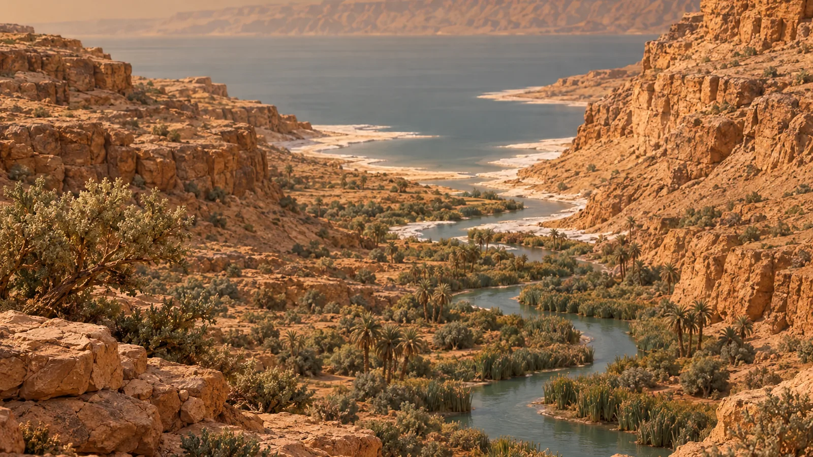 The Jordan’s last bends winding into the Dead Sea between dry cliffs.