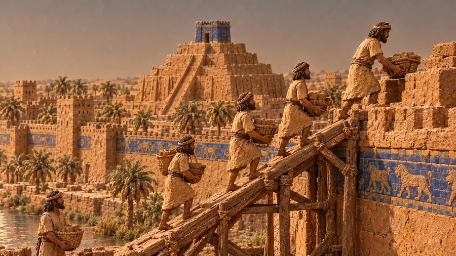 Clay workers carry baskets of bricks up a wooden ramp onto Babylon’s wall.