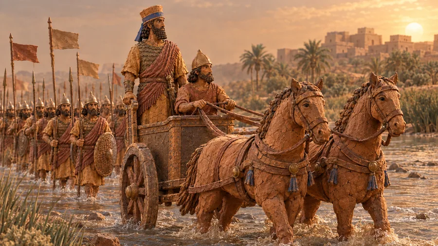 A clay crown prince rides a two-horse chariot through a river, his army behind him.
